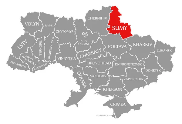 Sumy red highlighted in map of the Ukraine — Stock Photo, Image