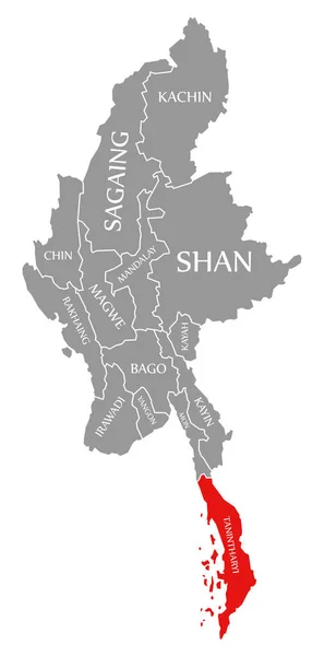 Tanintharyi red highlighted in map of Myanmar — 图库照片