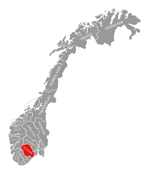 Telemark red highlighted in map of Norway — Stock Photo, Image