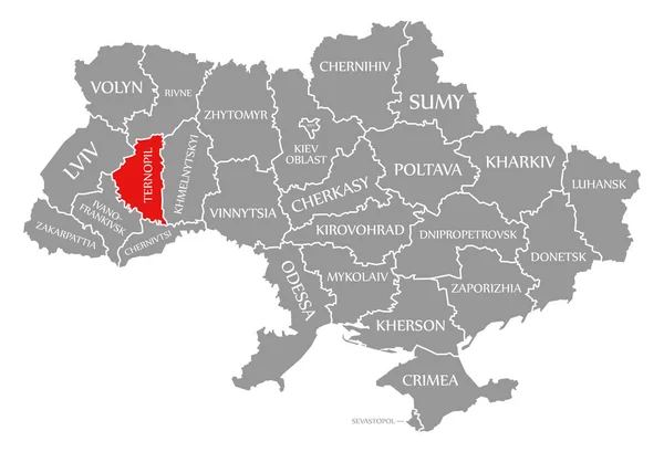 Ternopil červená zvýrazněná na mapě Ukrajiny — Stock fotografie