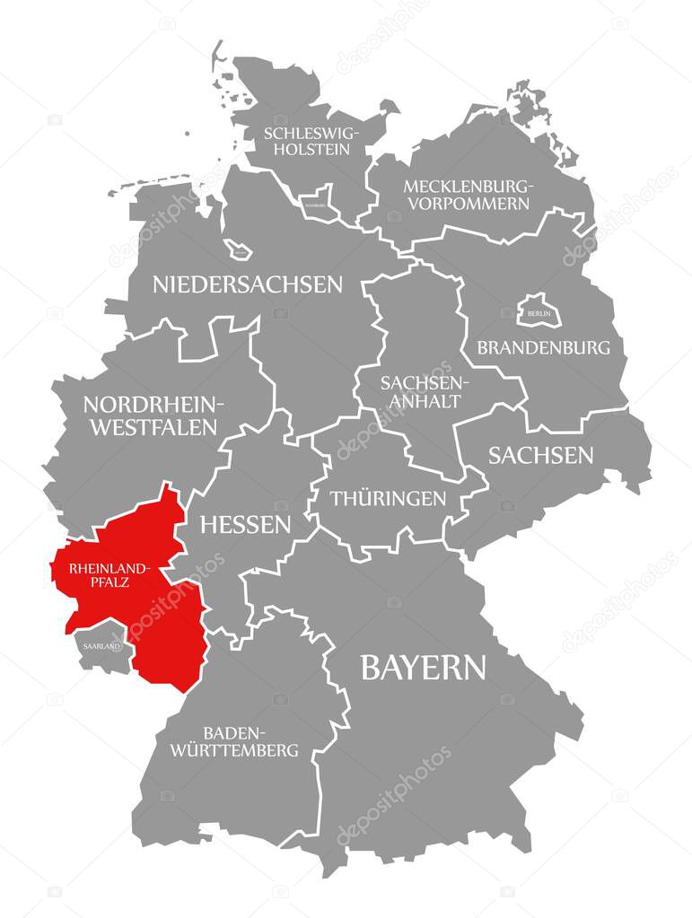 Rhineland Palatinate red highlighted in map of Germany