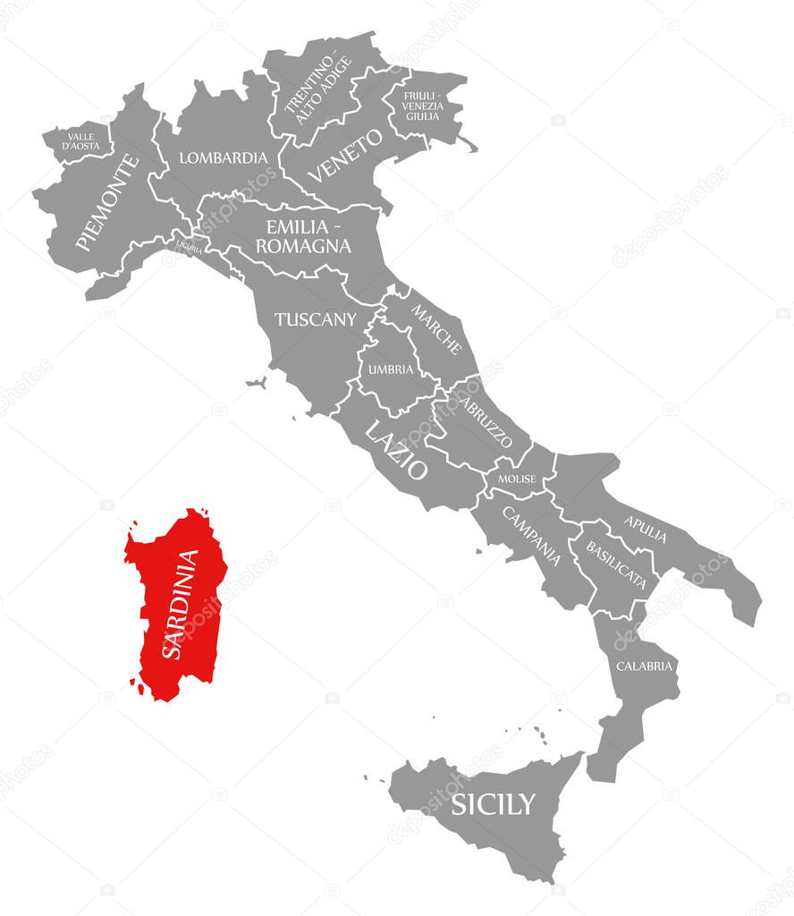 Sardinia red highlighted in map of Italy