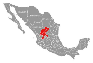 Zacatecas red highlighted in map of Mexico clipart