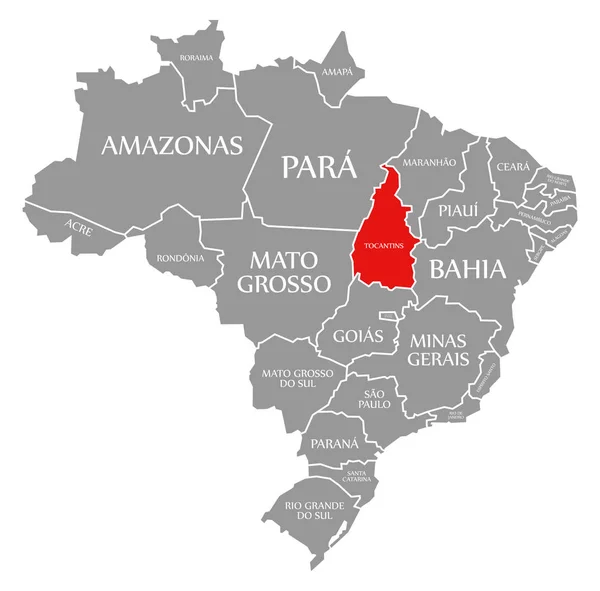 Tocantins czerwony podkreślony na mapie Brazylii — Zdjęcie stockowe