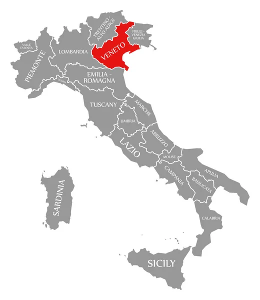 Veneto rosso evidenziato nella mappa di Italia — Foto Stock
