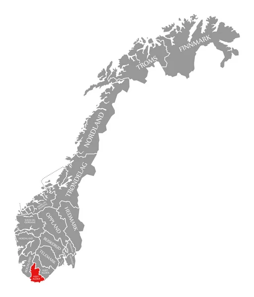 ノルウェーの地図で強調表示されているベストAgder赤 — ストック写真