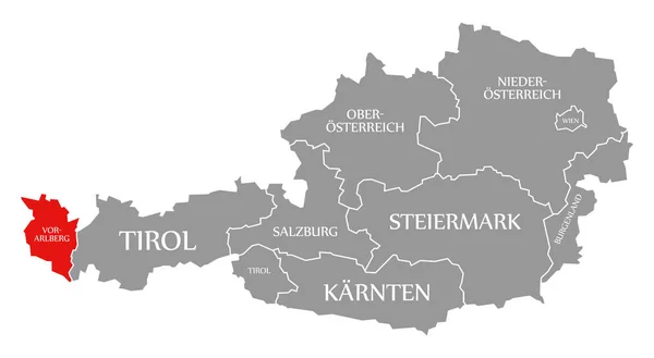 Vorarlberg red highlighted in map of Austria — 图库照片