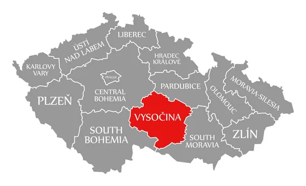 Vysočina červená zvýrazněná na mapě České republiky — Stock fotografie