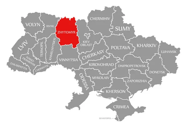 Zhytomyr red highlighted in map of the Ukraine — Stockfoto