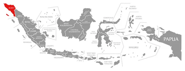 Aceh rot in Karte von Indonesien hervorgehoben — Stockfoto