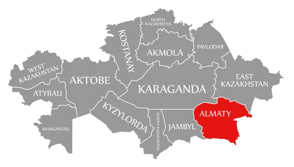 哈萨克斯坦地图中突出显示的阿拉木图红色 — 图库照片