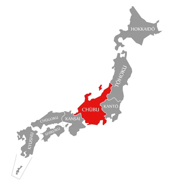 На карте Японии отмечен красный цвет Чубу — стоковое фото