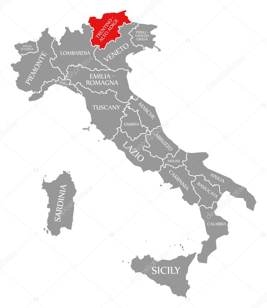 Trentino-South Tyrol red highlighted in map of Italy