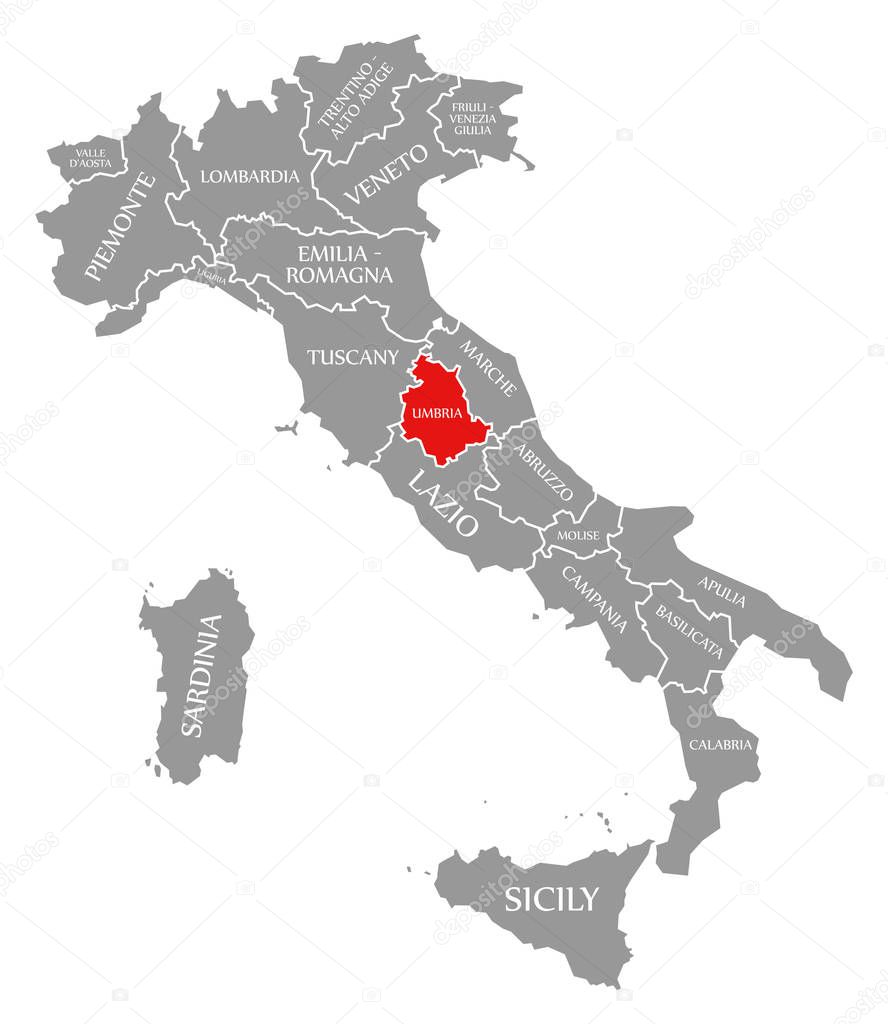 Umbria red highlighted in map of Italy