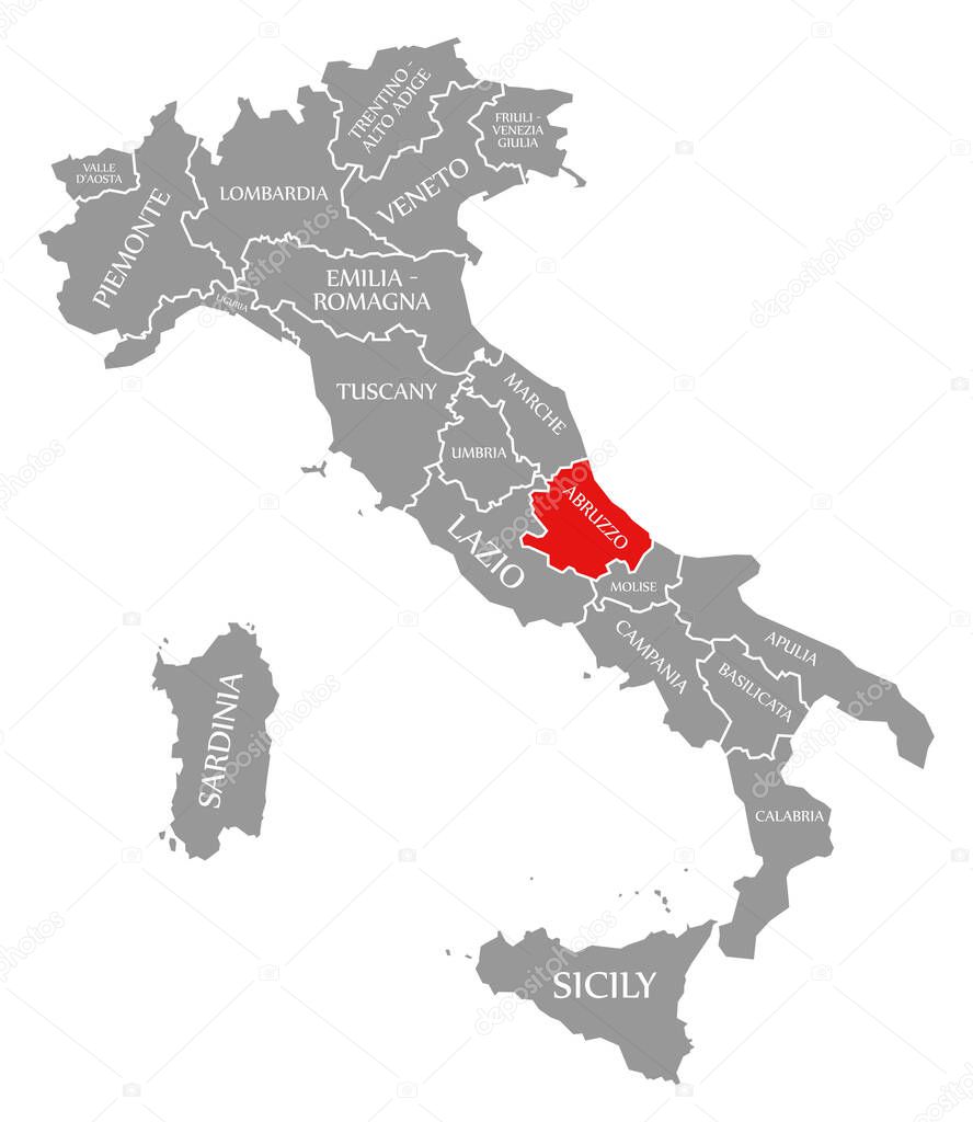 Abruzzo red highlighted in map of Italy