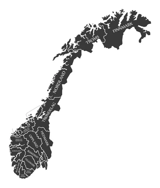 Карта Норвегии с черной иллюстрацией и обновленными новыми штатами 2 — стоковый вектор