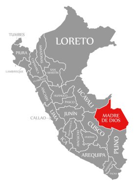 Peru haritasında Madre de Dios kırmızısı vurgulandı