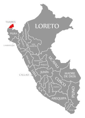 Peru haritasında Tumbes kırmızı vurgulandı
