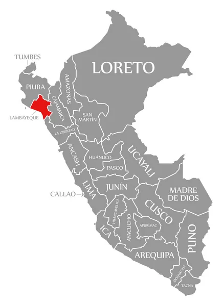 Lambayeque rojo resaltado en el mapa de Perú — Foto de Stock