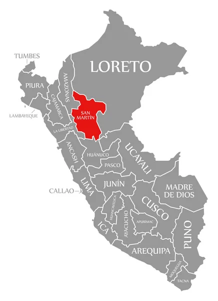 San Martin vermelho destaque no mapa de Peru — Fotografia de Stock
