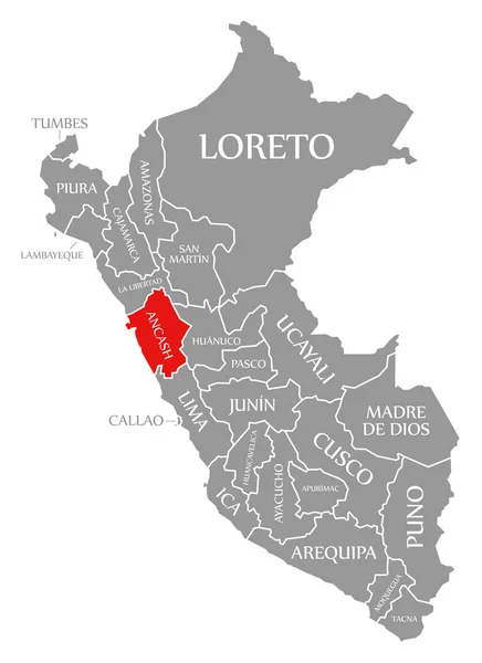 Ancash rojo resaltado en el mapa de Perú — Foto de Stock