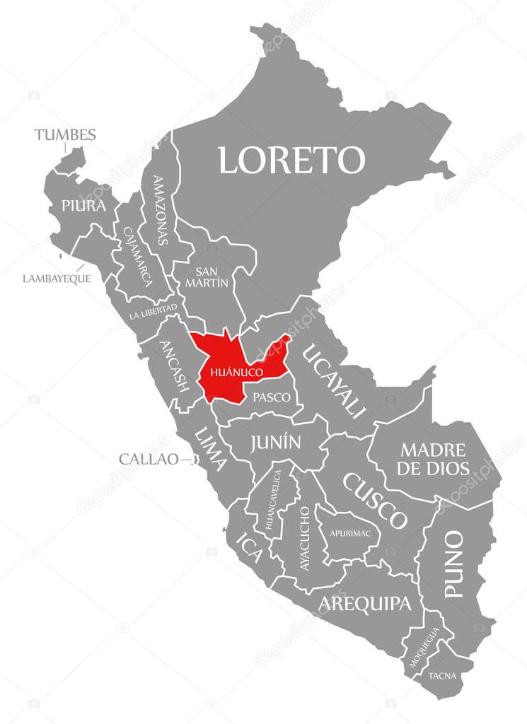 Huanuco red highlighted in map of Peru