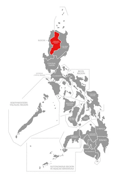 Cordillera Διοικητική Περιοχή κόκκινο τονίζεται στο χάρτη της Φίλης — Φωτογραφία Αρχείου
