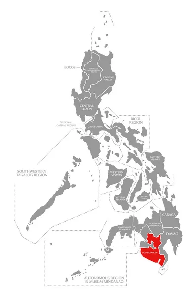菲律宾地图上突出显示的Soccsksargen红色 — 图库照片