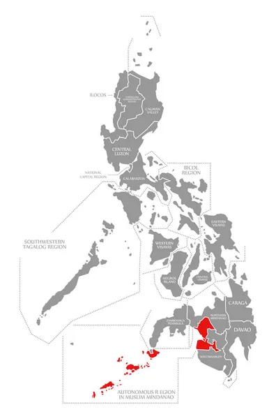 Región Autónoma de Mindanao musulmán rojo resaltado en el mapa de P —  Fotos de Stock