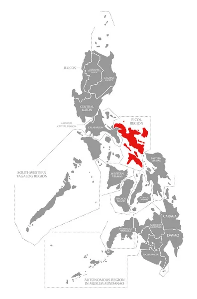 Bicol regio rood gemarkeerd op kaart van Filipijnen — Stockfoto