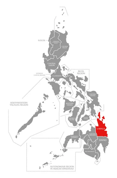 Caraga rood gemarkeerd op kaart van Filipijnen — Stockfoto