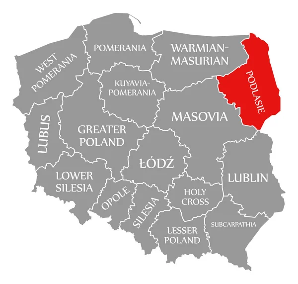 Podlasie rojo resaltado en el mapa de Polonia — Foto de Stock