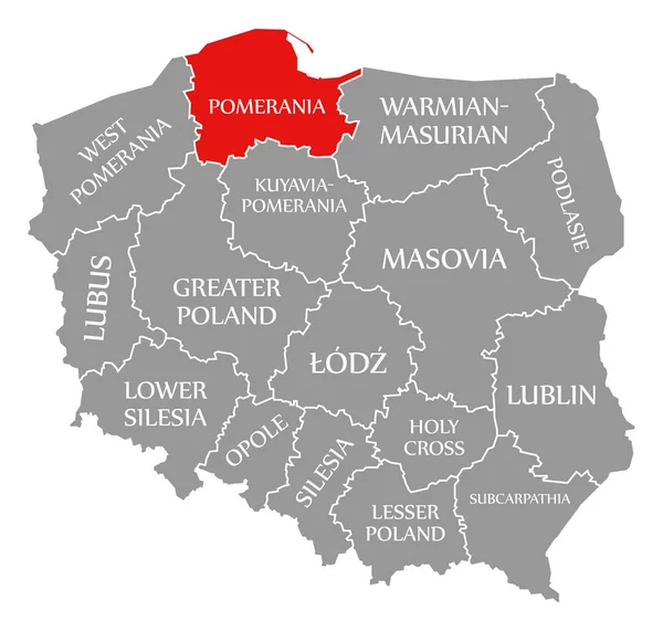 Pomerania red highlighted in map of Poland — Stock Photo, Image