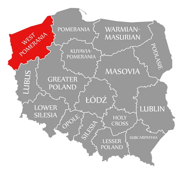West Pomerania rød fremhævet på kort over Polen - Stock-foto