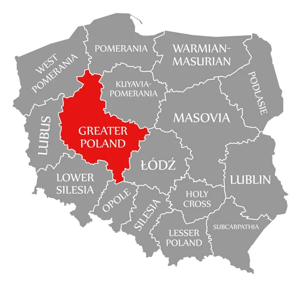 Velké Polsko červené zvýrazněné na mapě Polska — Stock fotografie