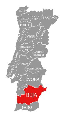Beja red highlighted in map of Portugal clipart