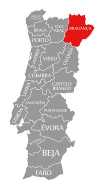 Portekiz haritasında Braganca kırmızısı vurgulandı