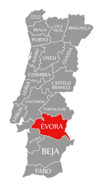 Evora rood gemarkeerd op kaart van Portugal — Stockfoto