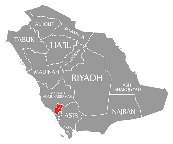 Al-Bahah red highlighted in map of Saudi Arabia — 图库照片