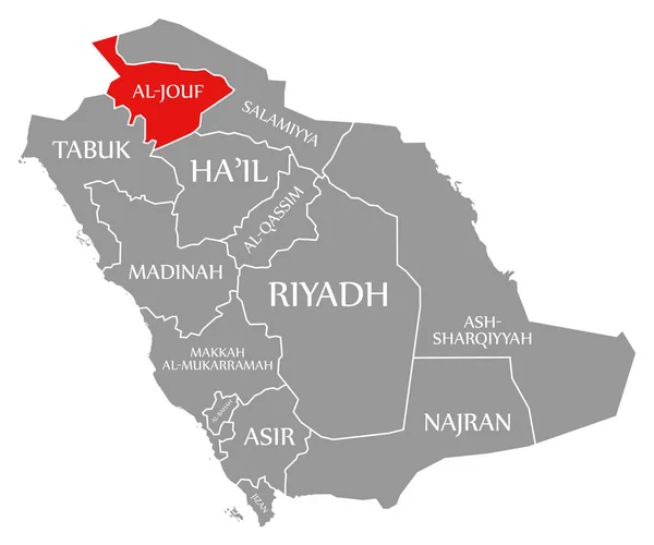 Al-Jouf rosso evidenziato nella mappa di Arabia Saudita — Foto Stock