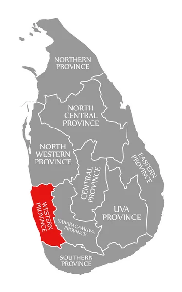 スリランカの地図で強調表示されている西部州の赤 — ストック写真