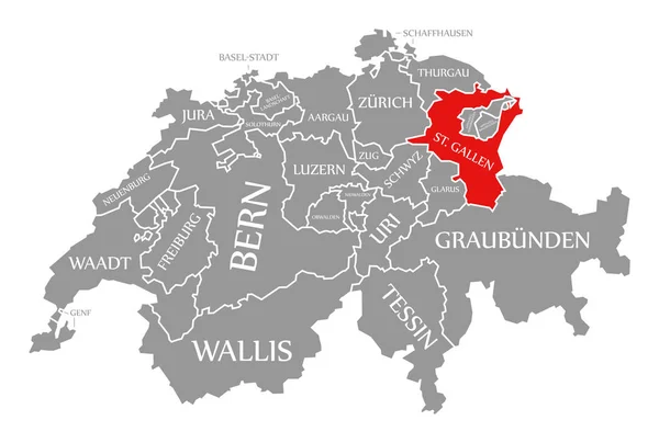 St Gallen red highlighted in map of Switzerland — ストック写真