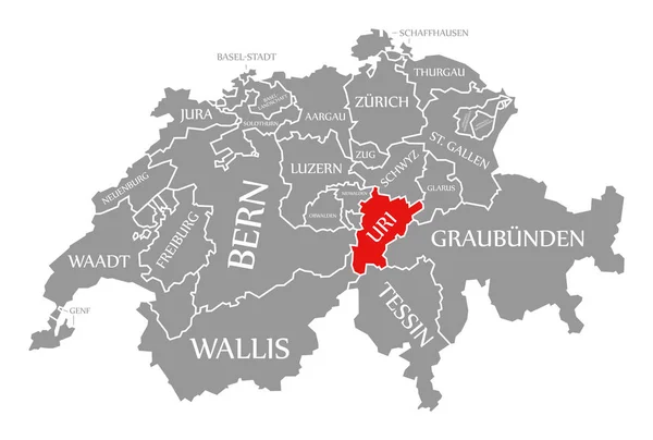 Uri červená zvýrazněná na mapě Švýcarska — Stock fotografie