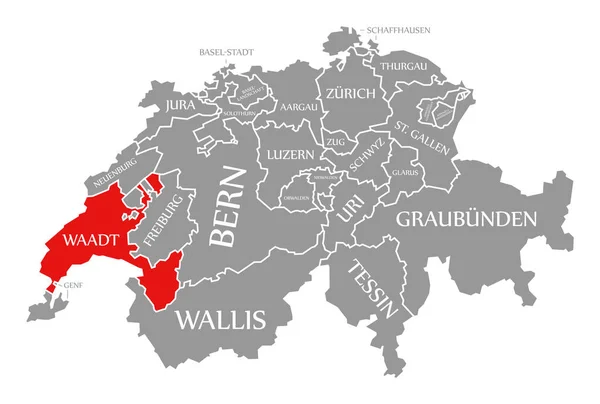 Waadt červená zvýrazněná na mapě Švýcarsko — Stock fotografie