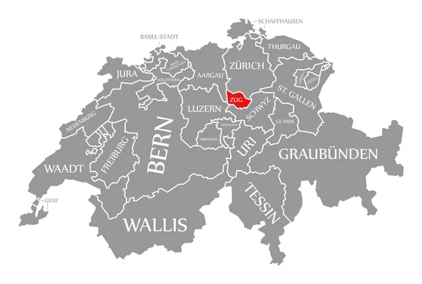 Zug red highlighted in map of Switzerland — ストック写真