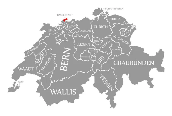 Basel Stadt red highlighted in map of Switzerland — 스톡 사진
