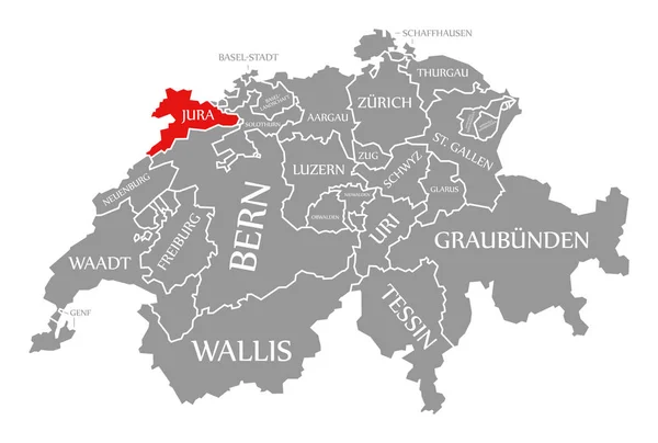 Jura červená zvýrazněná na mapě Švýcarska — Stock fotografie