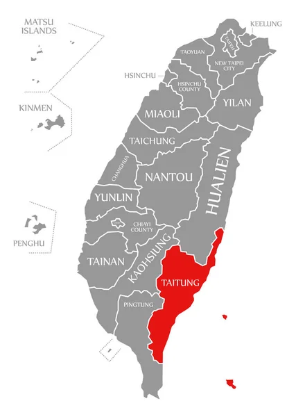 Taitung rosso evidenziato nella mappa di Taiwan — Foto Stock