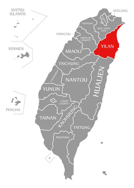 Красный цвет Илань выделен на карте Тайваня — стоковое фото