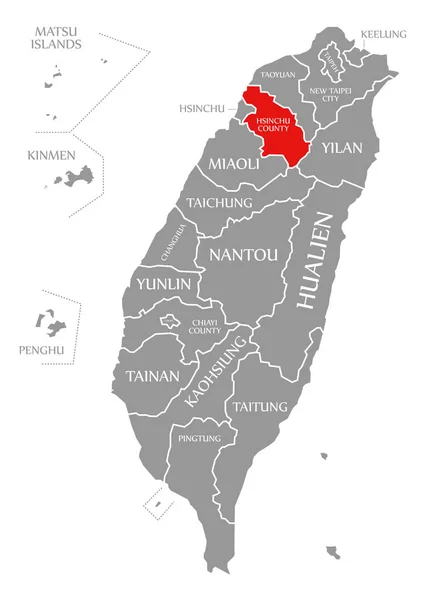 Hsinchu County rood gemarkeerd in kaart van Taiwan — Stockfoto